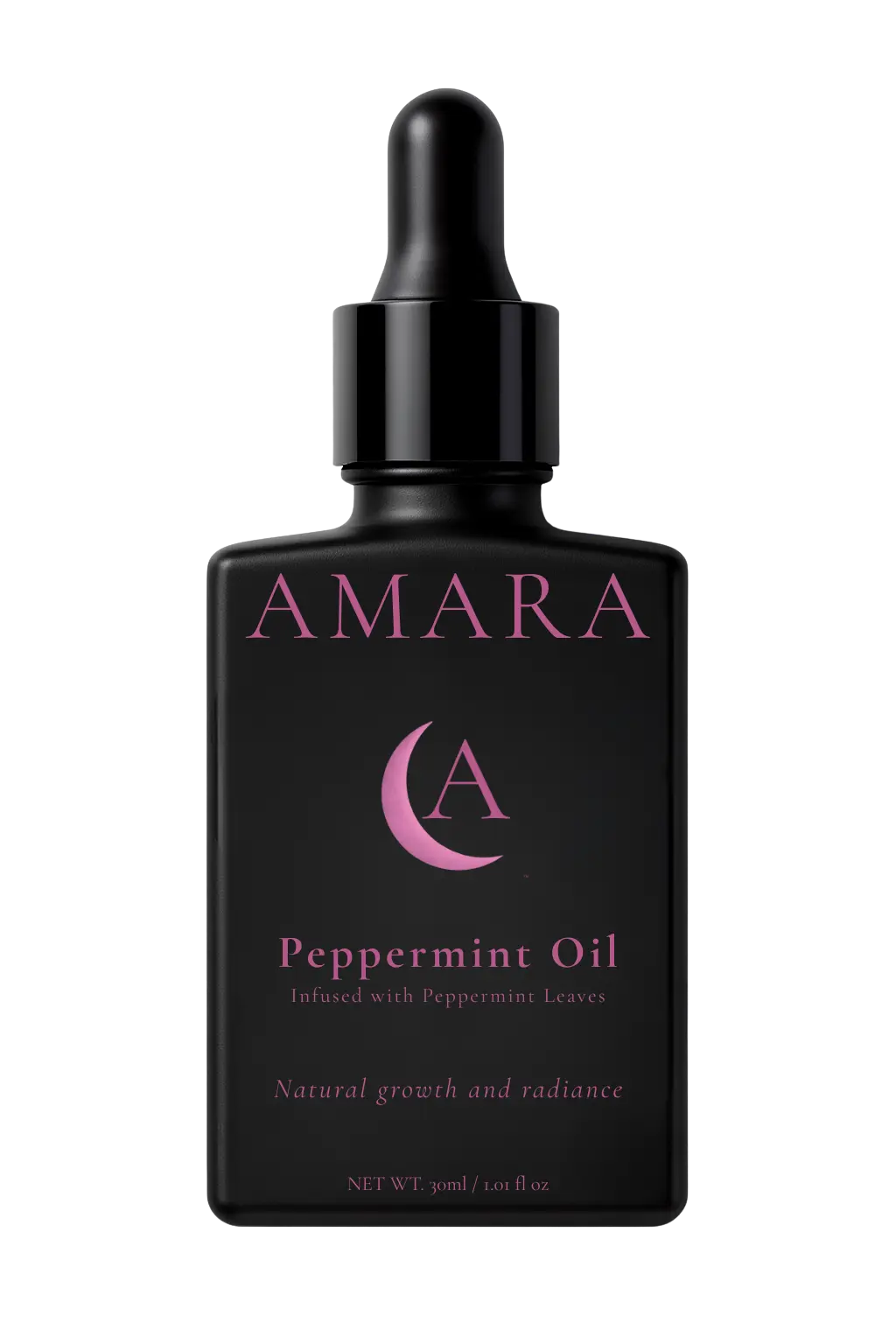 Black bottle of AMARA Peppermint Oil with pink text on a transparent background