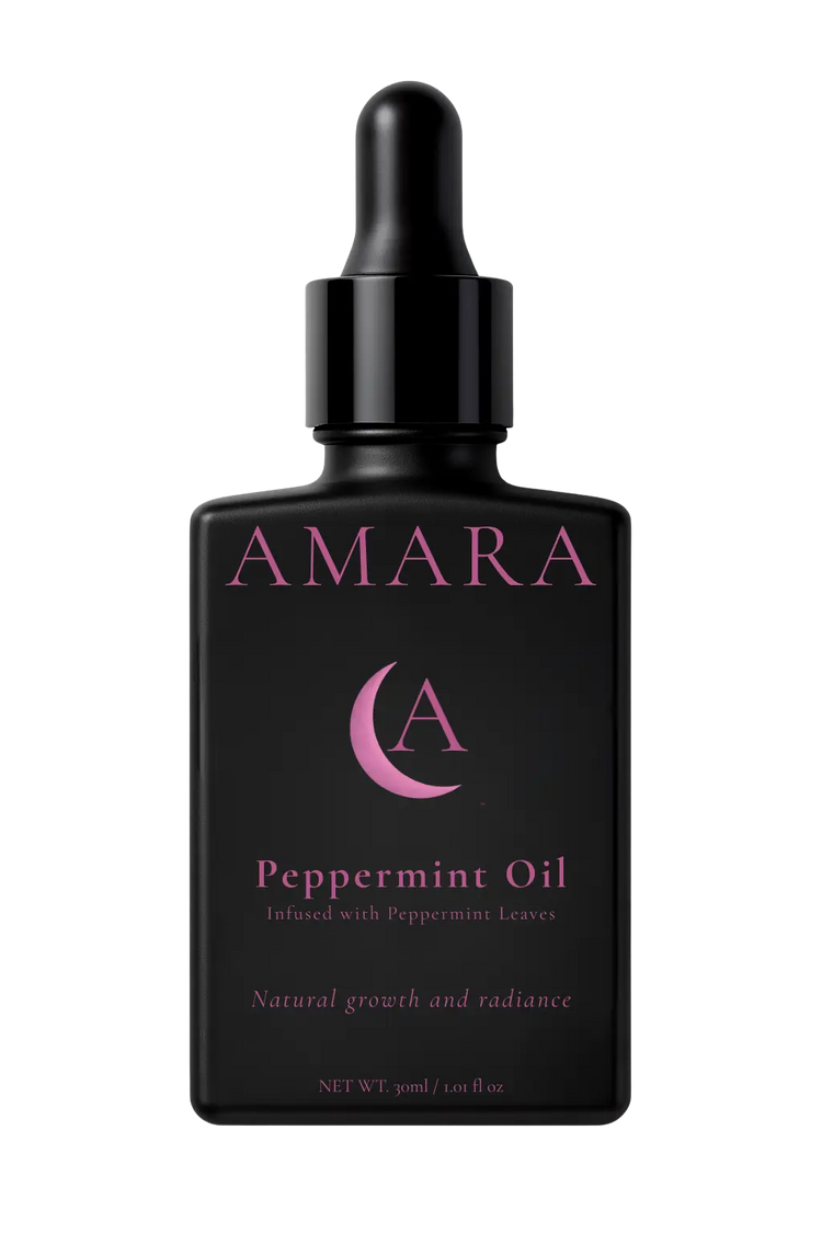 Black bottle of AMARA Peppermint Oil with pink text on a transparent background