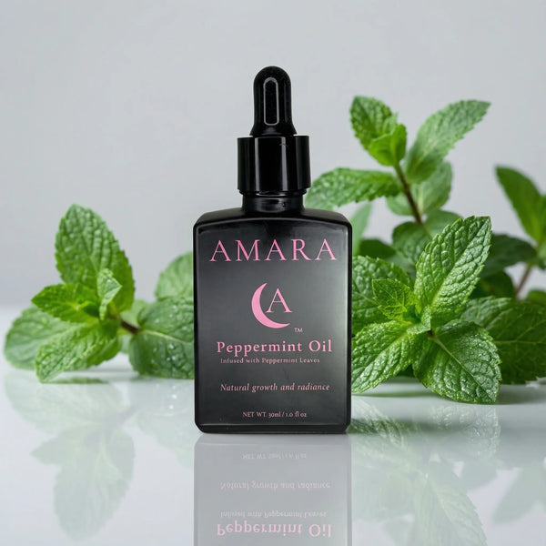 Amara Peppermint elixir Oil bottle with mint leaves on a reflective surface