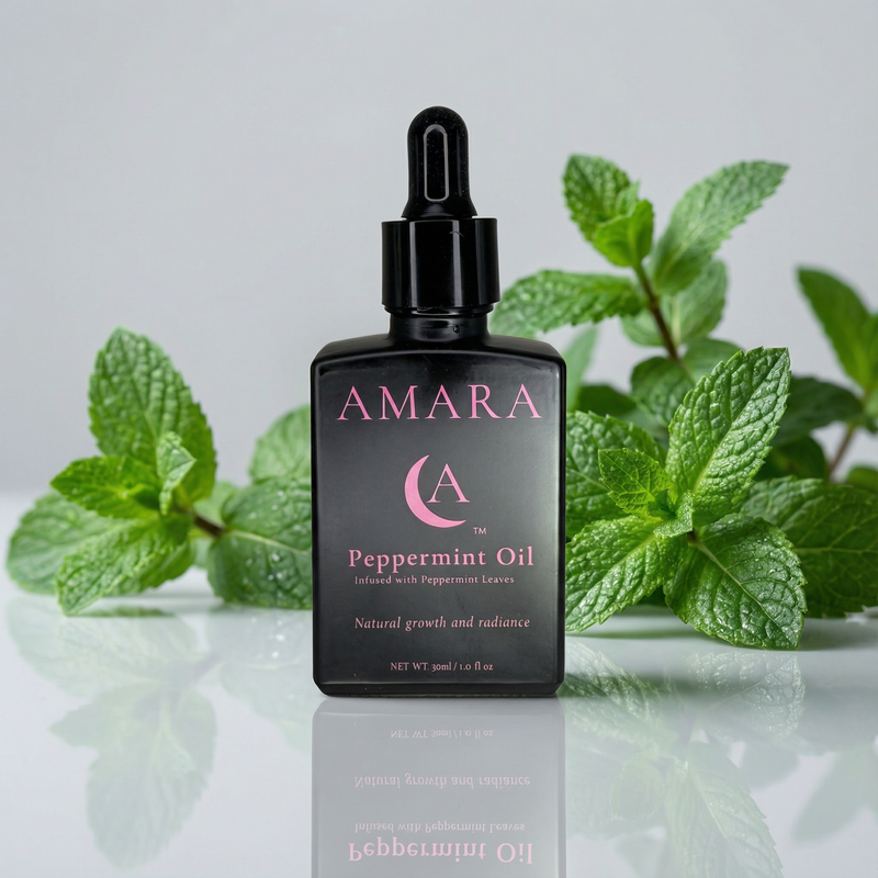 Amara Peppermint elixir Oil bottle with mint leaves on a reflective surface