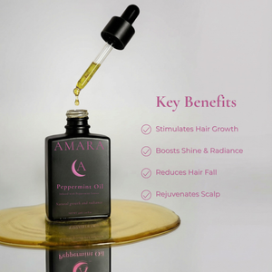 AMARA peppermint elixir oil bottle with dropper on a reflective surface, against a light gray background.