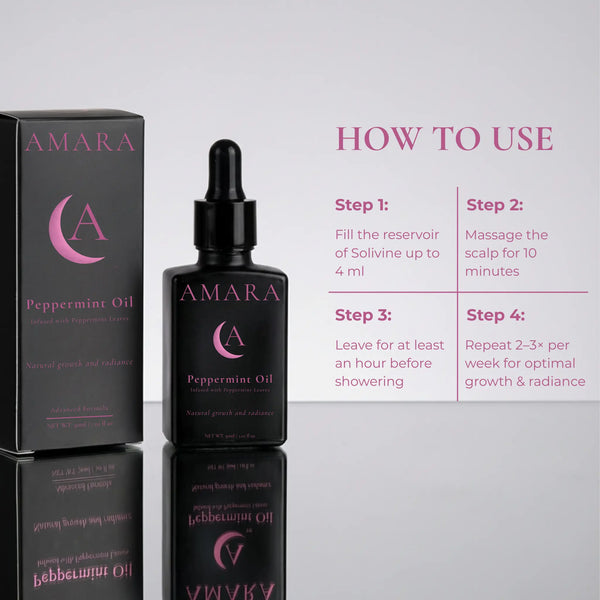 Amara Peppermint elixir Oil bottle and packaging with usage instructions on a reflective surface.