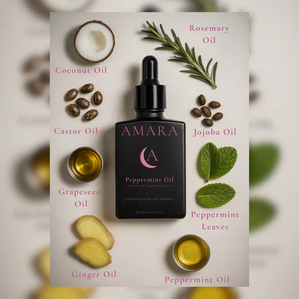 AMARA peppermint elixir hair oil surrounded by essential oils and ingredients on a light background