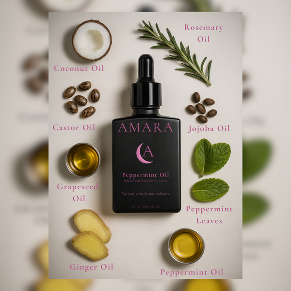 AMARA peppermint elixir hair oil surrounded by essential oils and ingredients on a light background