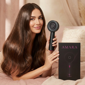 Model displaying AMARA Solivine scalp massager packaging and product