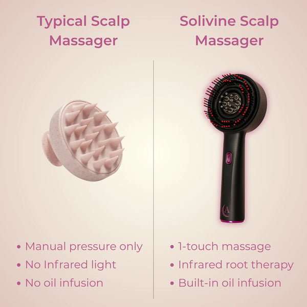 Comparison of a typical scalp massager and AMARA Solivine Scalp Massager on a pink background.
