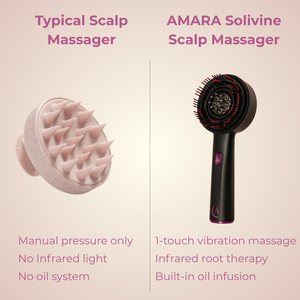 Comparison of a typical scalp massager and AMARA Solivine Scalp Massager on a pink background.