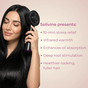 Woman using solivine scalp massager device with text highlighting its features on a beige background