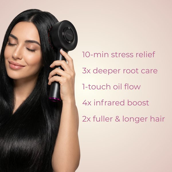 Woman using a hair care device with text highlighting its features on a beige background