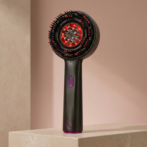 Black and magenta Solivine scalp massager in a beige background