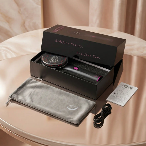 Solivine scalp massager packaging with accessories on a beige surface